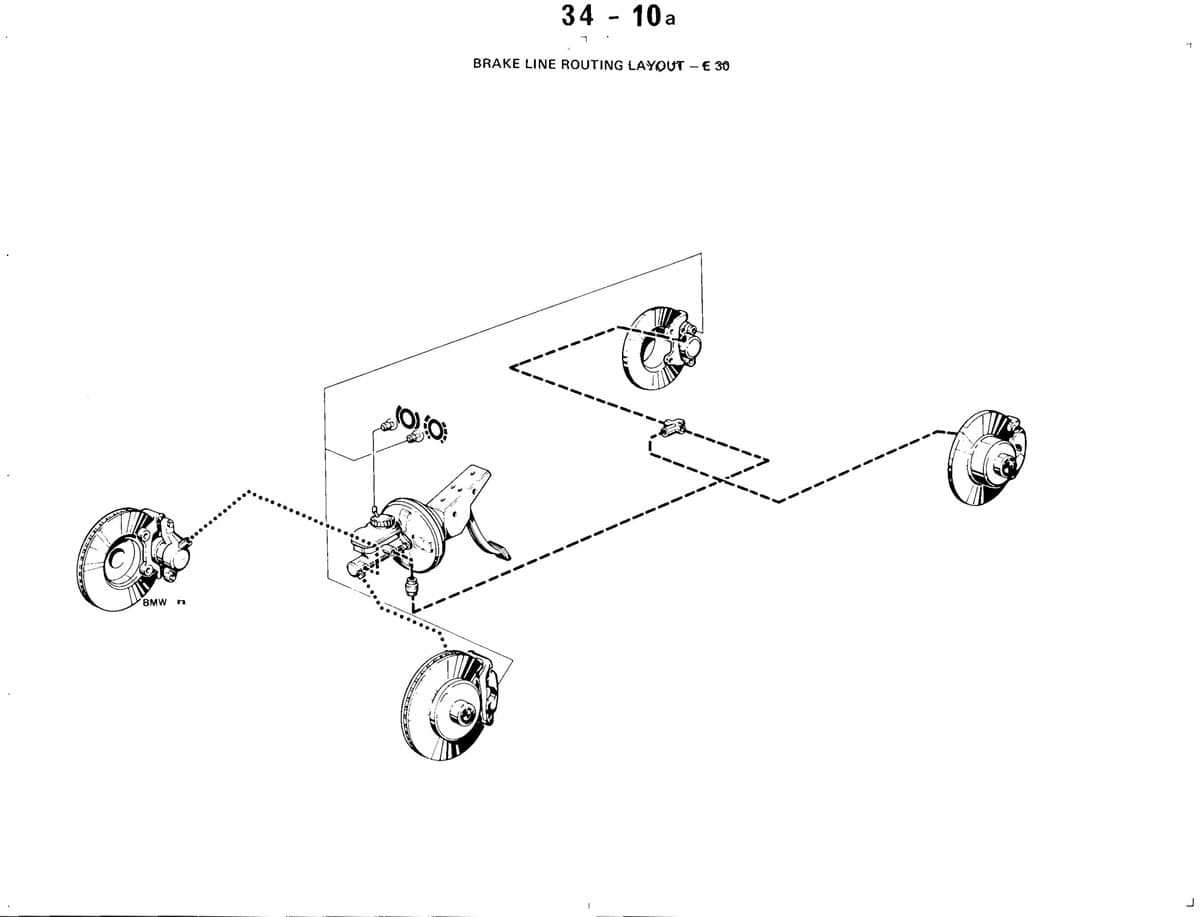 BMW factory layout drawing of the E30 brake lines and four wheel brakes