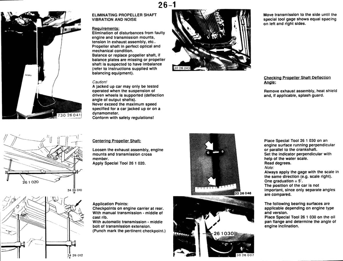 BMW factory reference page for E30 propeller-shaft alignment and vibration diagnosis